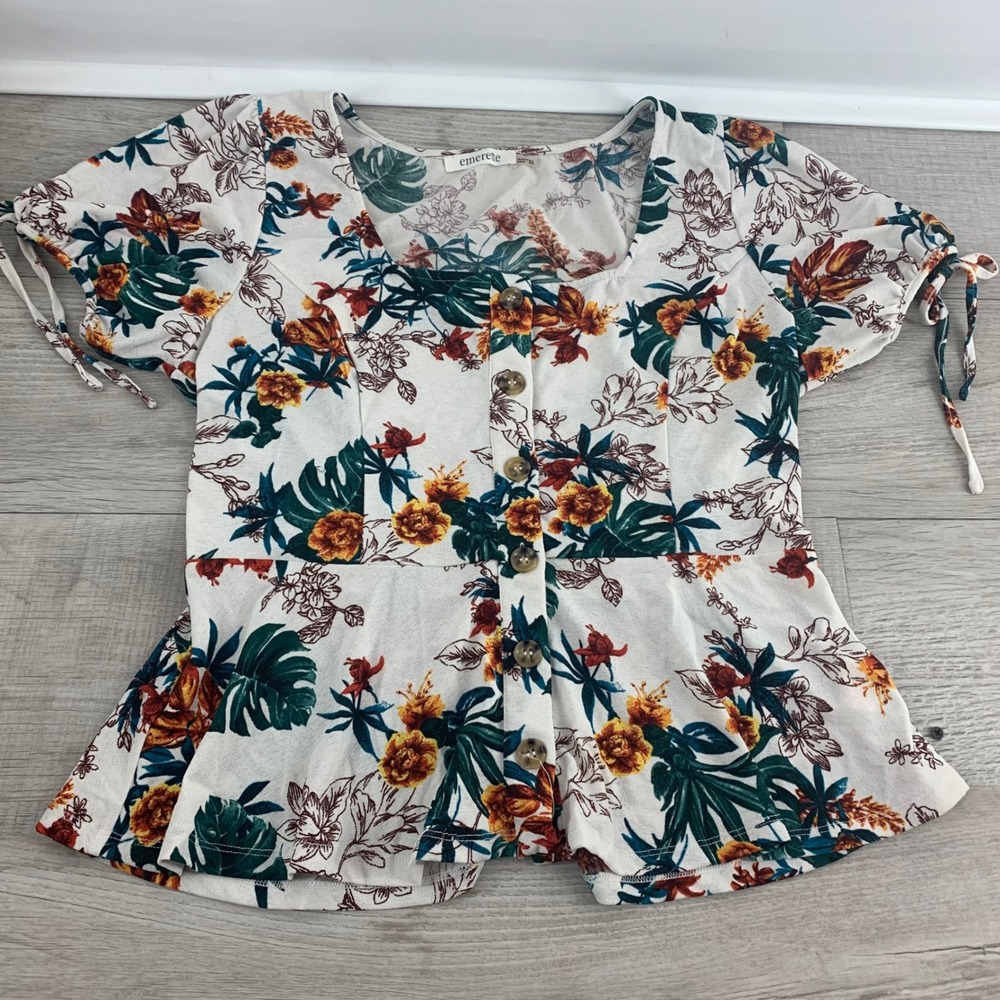 Emerette Floral Peplum Top Women XL Cream Tropical Square Neck Button HT13183A